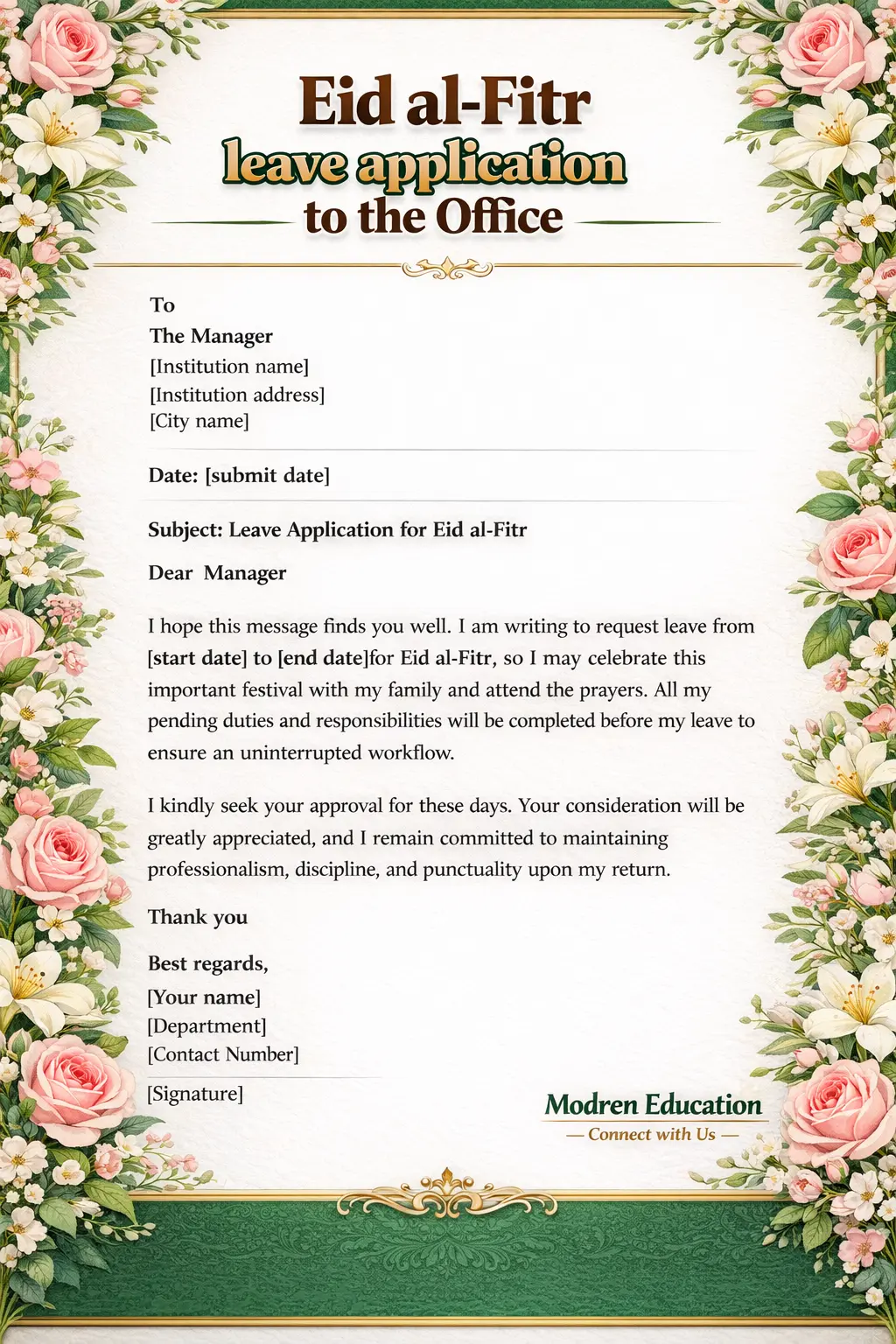 Leave Application for Eid festival, Email & letter Format 3 Eid al-Fitr leave application to the Office