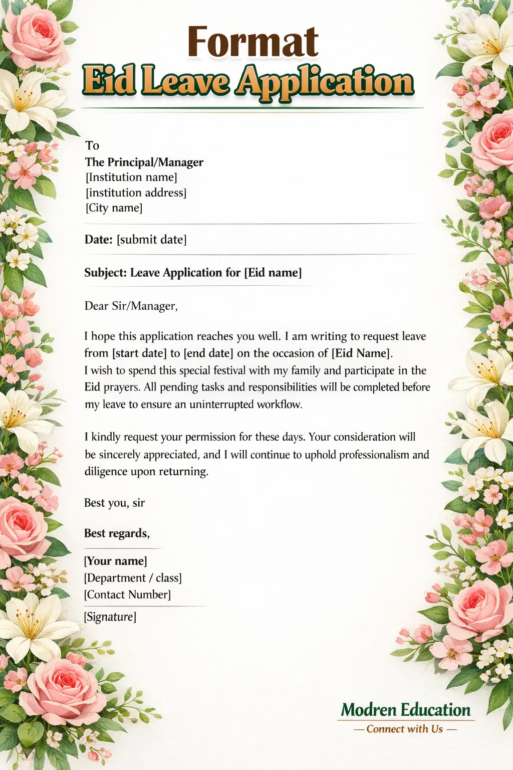 Leave Application for Eid festival, Email & letter Format 2 Format Eid leave application