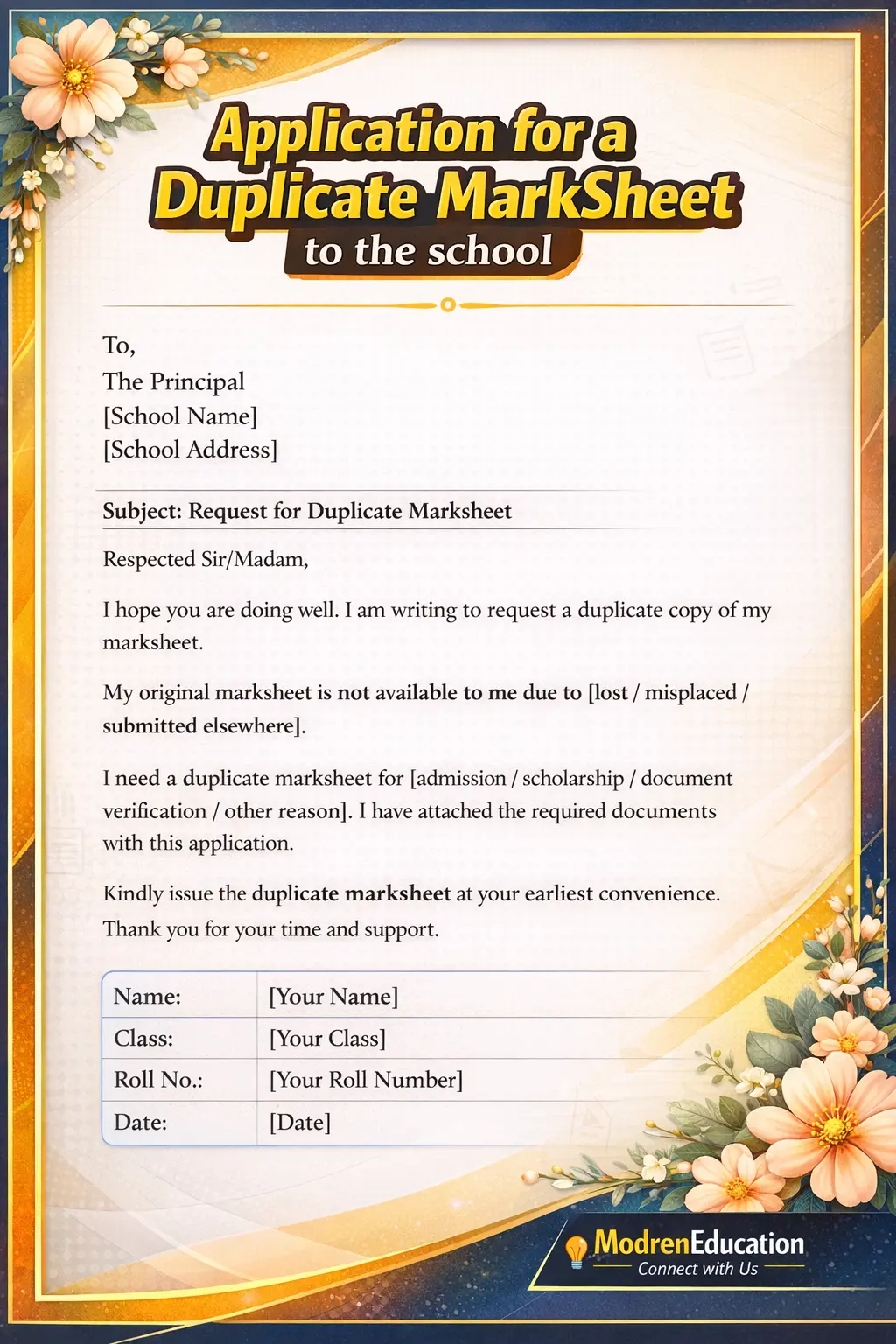 Application for a Duplicate MarkSheet to the school 