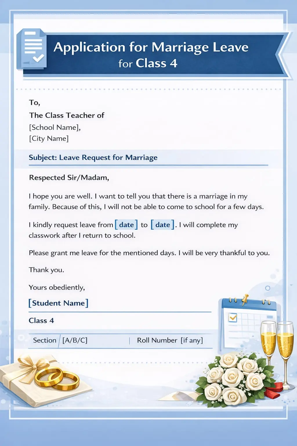 leave application for marriage for  class for 4