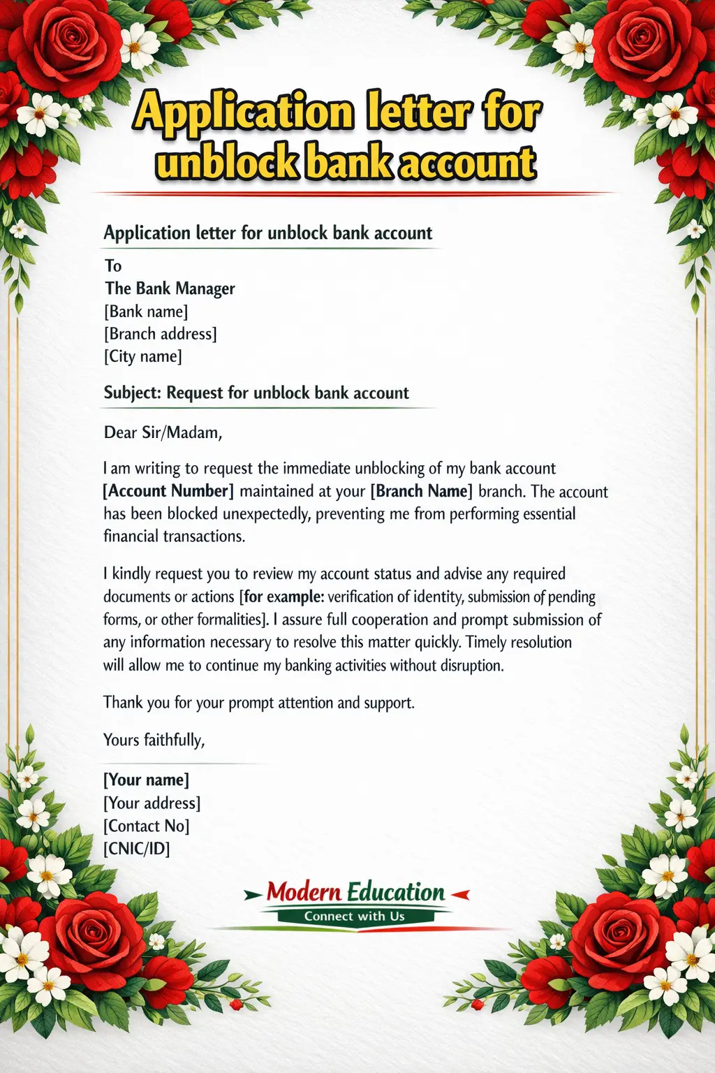 Application letter for unblock bank account 