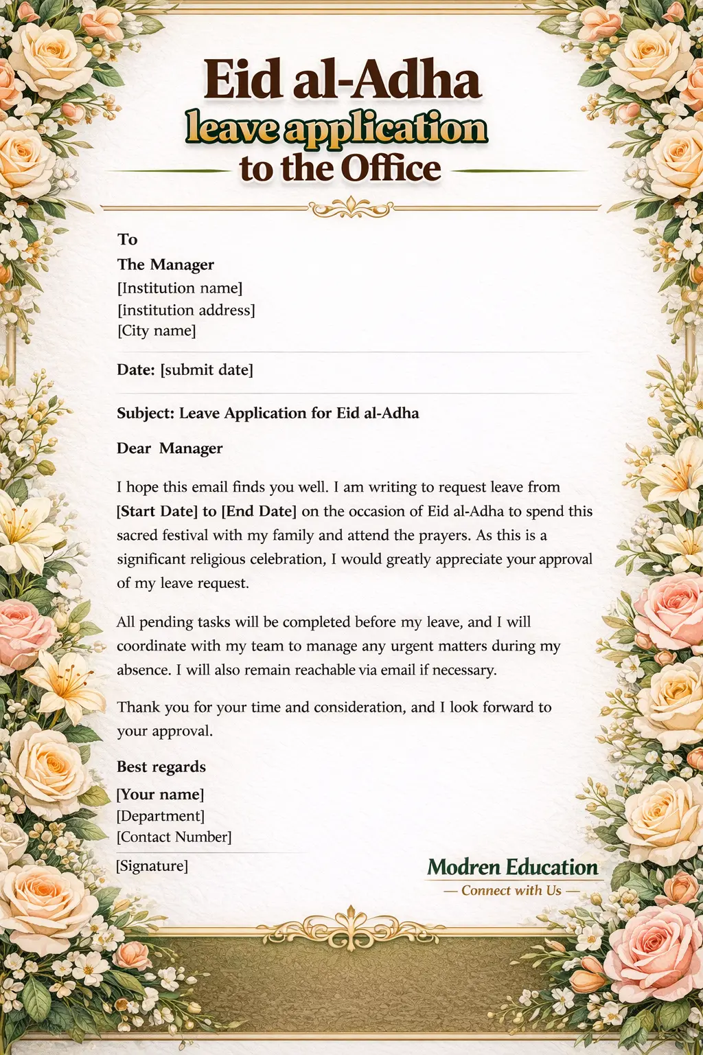 Leave Application for Eid festival, Email & letter Format 4 Eid al-Adha leave application to the office