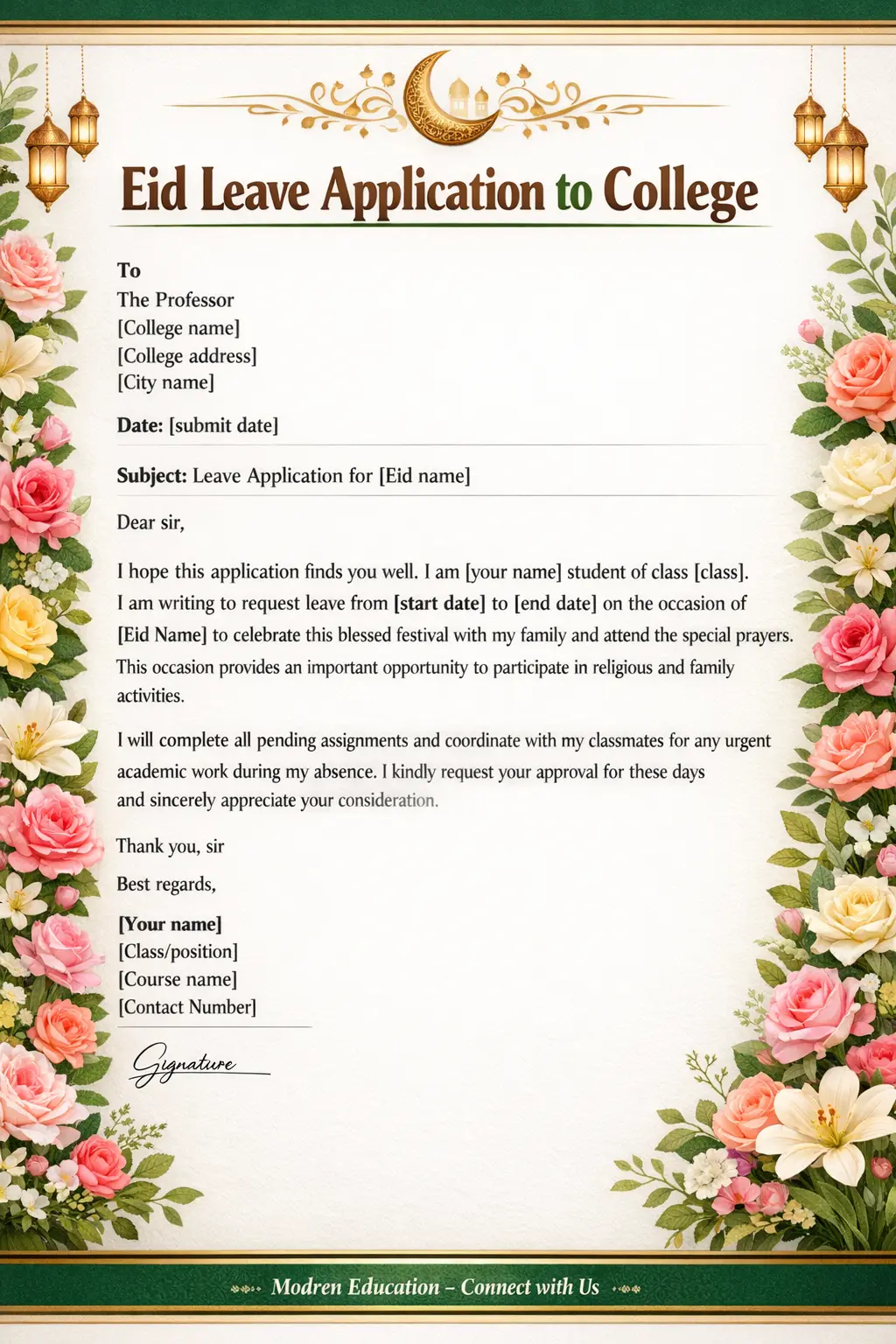 Leave Application for Eid festival, Email & letter Format 6 eid leave application to college