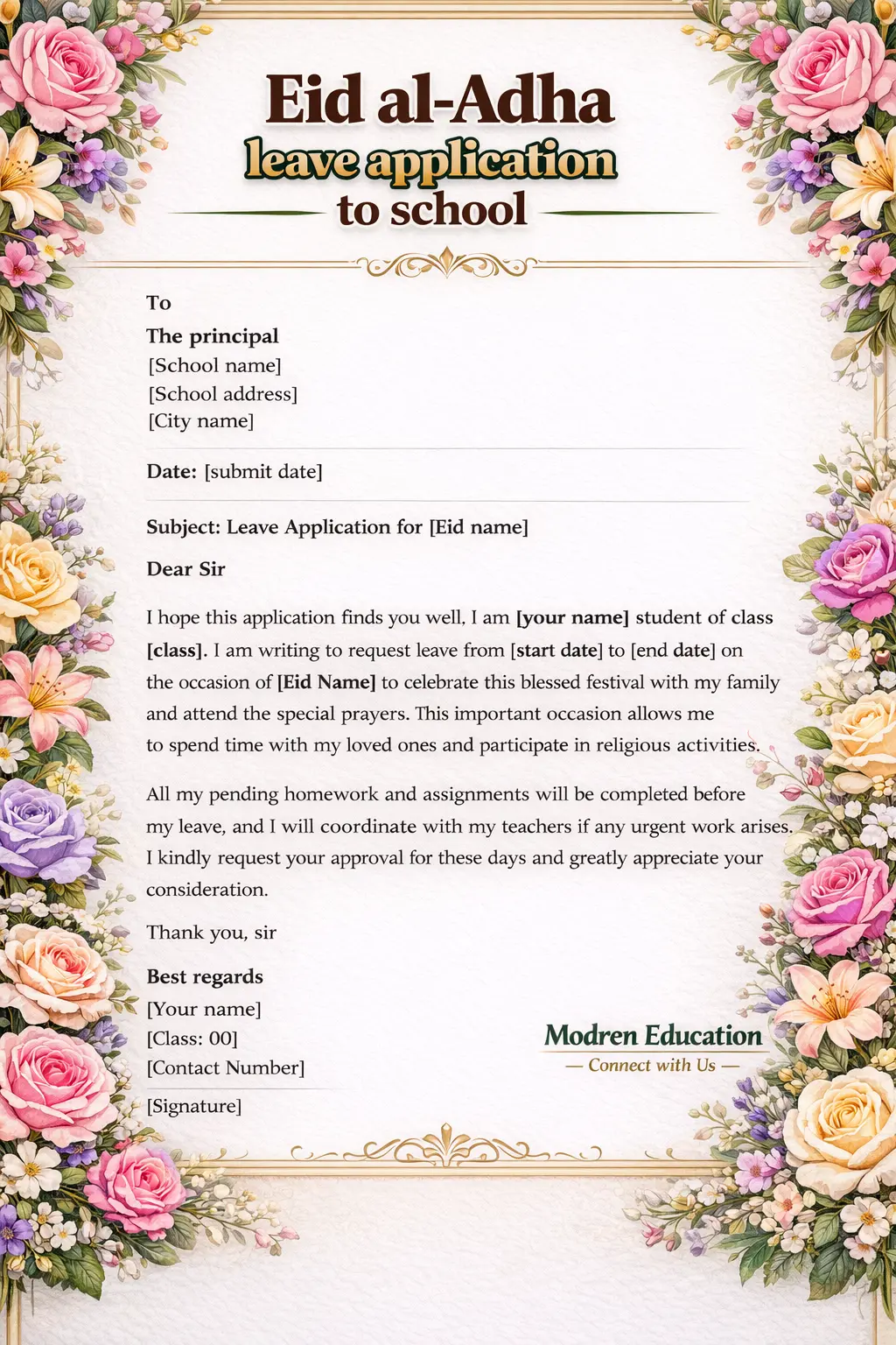 Leave Application for Eid festival, Email & letter Format 5 Eid leave application to school