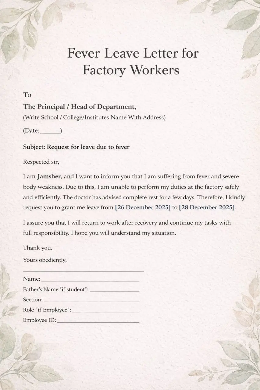 fever leave letter for factory workers