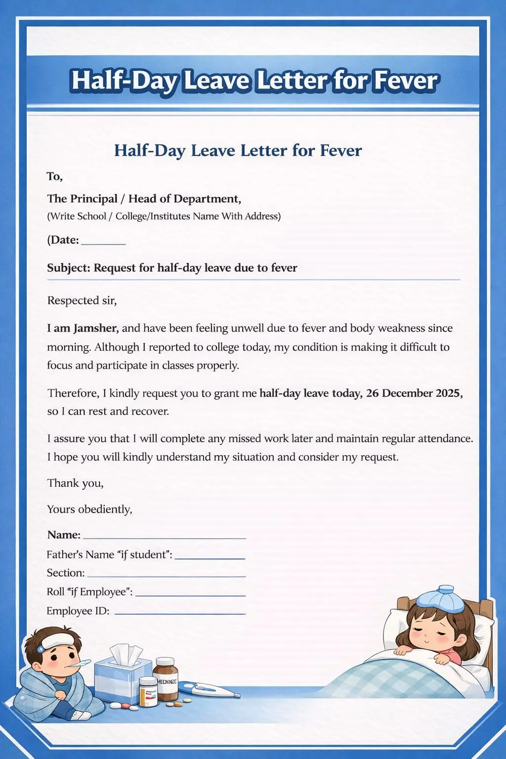 an image in the shape of graphic containing a half day leave letter for fever