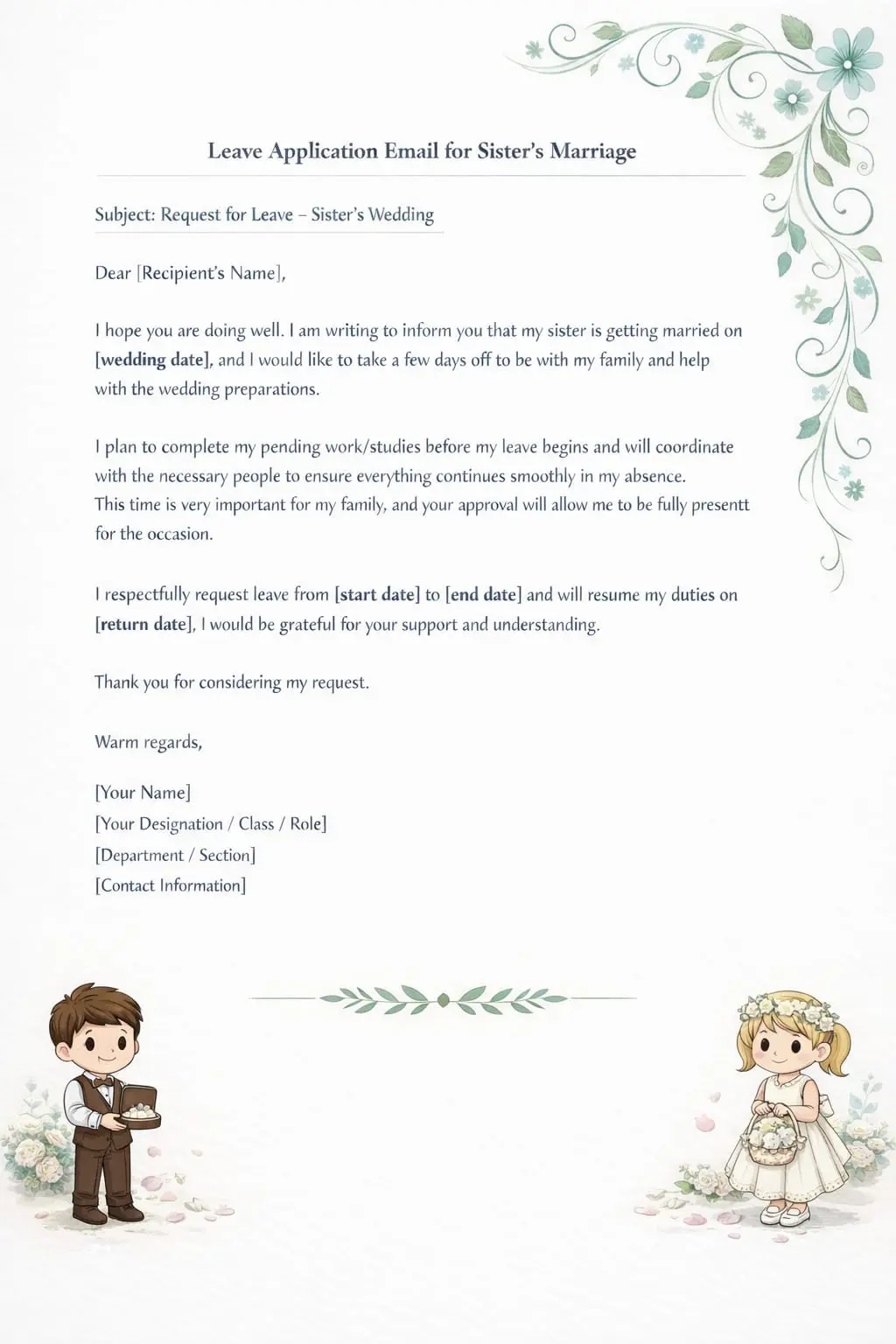 leave application email for sister marriage
