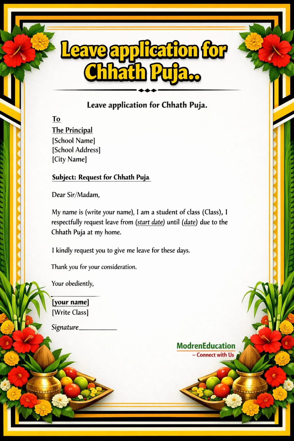 Leave application for Chhath Puja 