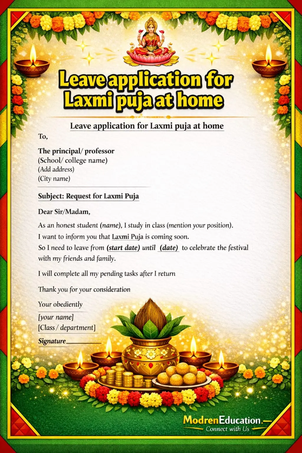Leave application for Laxmi puja at home