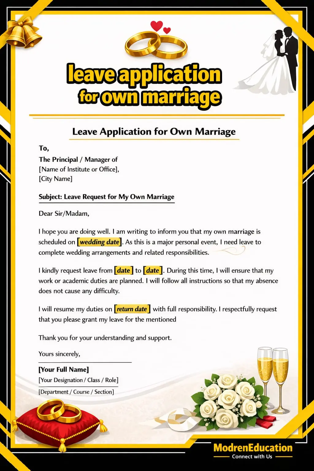 leave application for own marriage