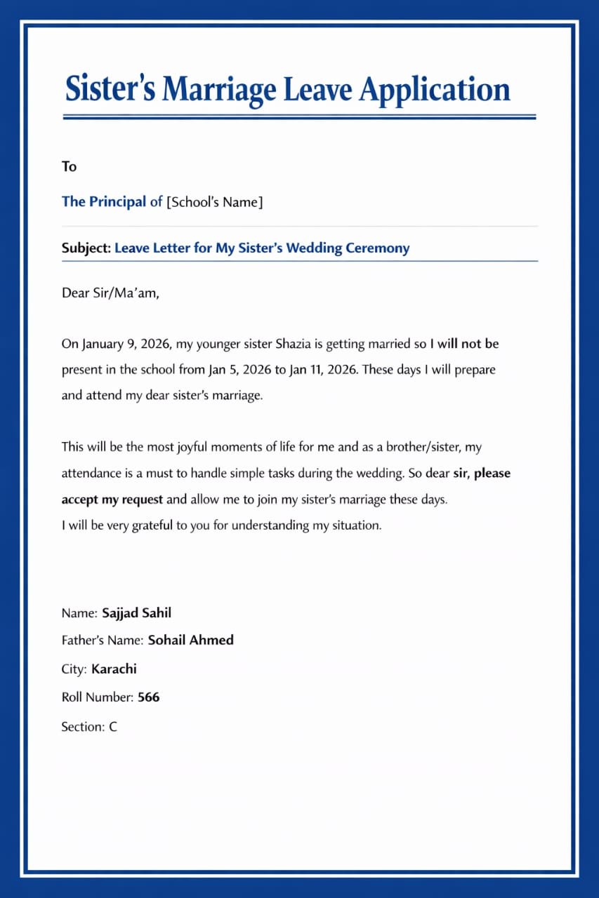 a sisters leave Application for school in graphics