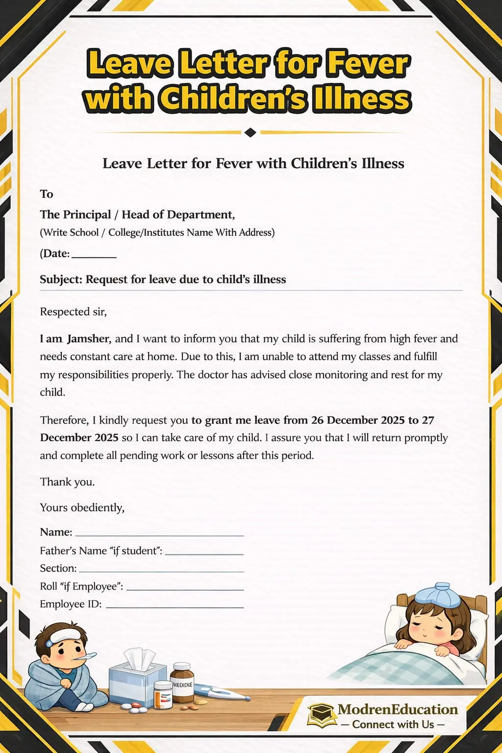 leave letter for fever with children's illness